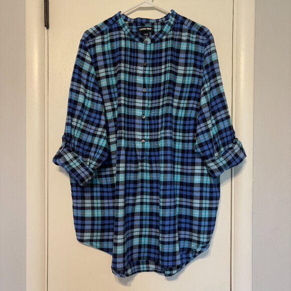 Lands' End Womens Plus Blue Plaid Popover Flannel Pintuck Tunic Shirt Top 20W/2X - Picture 2 of 11